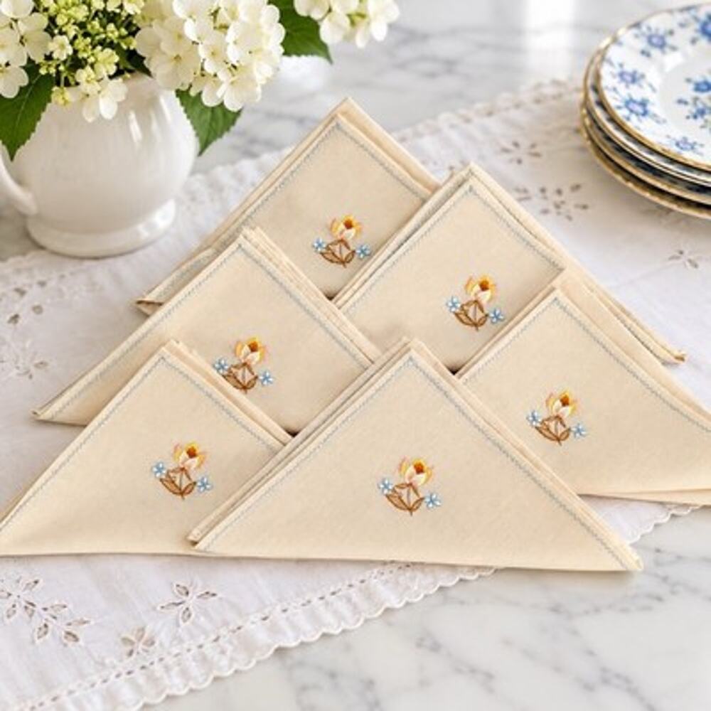 Vintage Embroidered Floral Cloth Napkins Set of 6 Cream Blue Trim 15x16